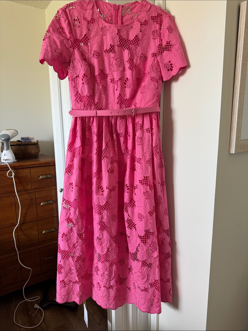 Self-Portrait Hot Pink Floral Lace Belted Dress